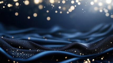 Wall Mural - gold sparkles on blue waves with glowing particles. holiday magic concept