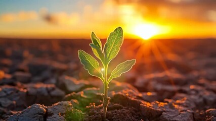 Wall Mural - A small plant is growing in the desert. The sun is setting in the background, casting a warm glow on the plant. The scene is serene and peaceful