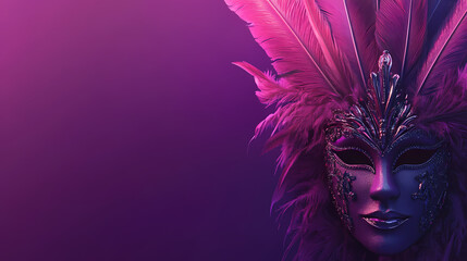 Wall Mural - Venetian carnival mask. feathers on a purple background, suitable for design with copy space, mardi gras celebration. brazilian carnival parade. illustration. Carnival. Illustration