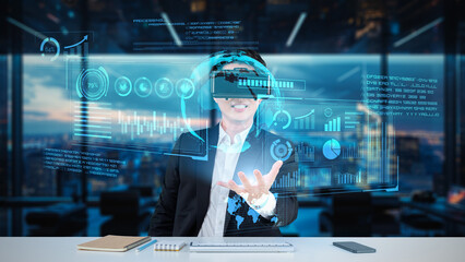Poster - professional project manager looking and holding business data and checking financial chart. smart b