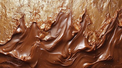 Poster - Swirling layers of melted chocolate blend harmoniously with a golden, shimmering backdrop, creating an alluring and rich texture that evokes deliciousness and artistry