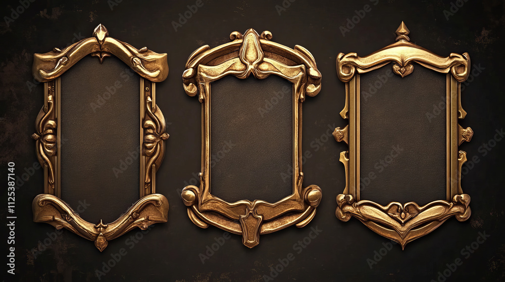 Medieval buttons, ui game menu elements, oblong banners and gold silver ...