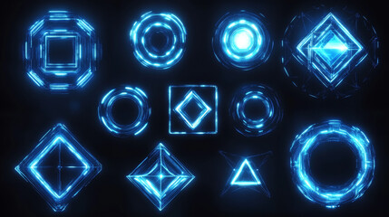 Poster - Futuristic glowing frames in neon blue set on dark background. Geometric tech designs of oval, asymmetric polygon, round and rhombus shapes for cyberpunk game interface elements or sci fi graphics.