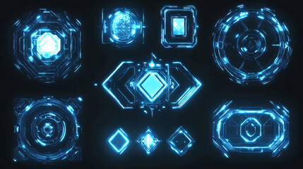 Poster - Futuristic glowing frames in neon blue set on dark background. Geometric tech designs of oval, asymmetric polygon, round and rhombus shapes for cyberpunk game interface elements or sci fi graphics.