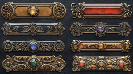 Poster - Medieval game button or board, ui metal fantasy border, golden, silver or bronze frame decorated with gemstones, vector icons. Ancient rectangle banner, old vintage rank sign or empty item bar cartoon