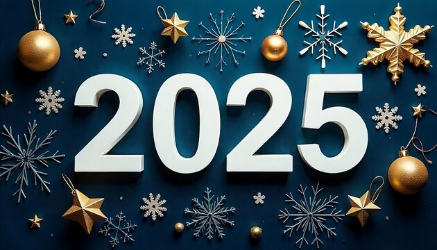 Happy New Year 2025, A New Year 2025 greeting card with large white numbers, golden Christmas ornaments, and stars on a dark blue background,  banner, poster, created with generativae ai