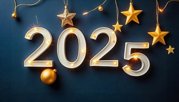 Happy New Year 2025, A New Year 2025 greeting card with large white numbers, golden Christmas ornaments, and stars on a dark blue background,  banner, poster, created with generativae ai