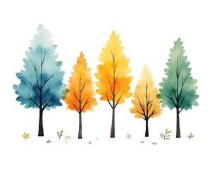 Poster - Vibrant autumn trees in soothing blues and greens are isolated against a crisp white background in this beautiful watercolor design._00001_