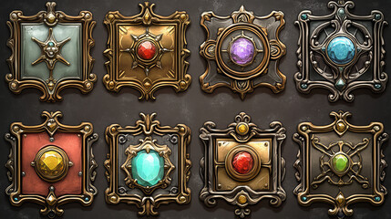 Poster - Medieval game button or board, ui metal fantasy border, golden, silver or bronze frame decorated with gemstones, vector icons. Ancient rectangle banner, old vintage rank sign or empty item bar cartoon