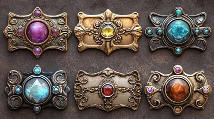 Poster - Medieval game button or board, ui metal fantasy border, golden, silver or bronze frame decorated with gemstones, vector icons. Ancient rectangle banner, old vintage rank sign or empty item bar cartoon