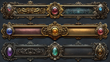 Poster - Medieval game button or board, ui metal fantasy border, golden, silver or bronze frame decorated with gemstones, vector icons. Ancient rectangle banner, old vintage rank sign or empty item bar cartoon