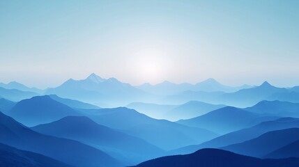 serene blue mountain range at sunrise, hazy layers of peaks and valleys.