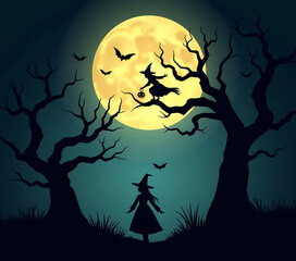 ominous tree branches and a witch are depicted in a halloween banner with a vector logo under a full