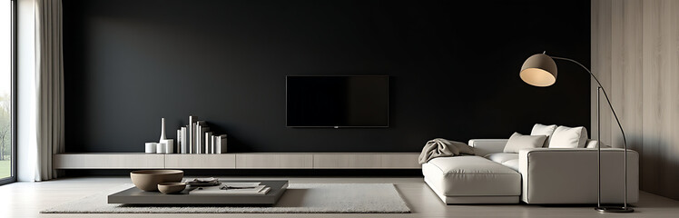 Aufkleber - Modern living room interior with sleek lines and minimalist decor set against a neutral empty black wall background._00001_