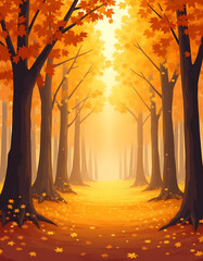 Wall Mural - Golden leaves fall from trees in a warm autumn landscape with subtle vector background details everywhere visible._00001_