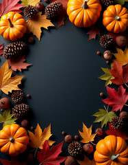 Wall Mural - Colorful autumn elements such as leaves, pumpkins, pinecones, and nuts arranged on a dark background with plenty of space to add text._00001_