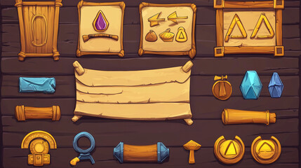 Poster - egyptian ui game interface cartoon vector icon. egypt menu design element set with level frame, prog