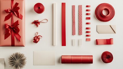 Poster - Various gift wrapping items including paper, ribbons, and cards are neatly organized, leaving space for custom text or messages. Generative AI