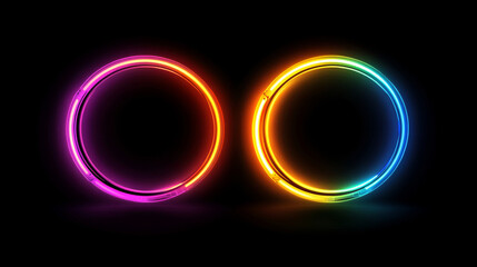 Poster - Glitch circles set isolated on black background. Vector realistic illustration of distorted neon color light effect, retro futuristic digital design element, broken signal noise, video screen defect