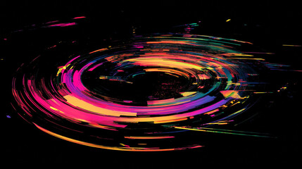 Poster - Glitch circles set isolated on black background. Vector realistic illustration of distorted neon color light effect, retro futuristic digital design element, broken signal noise, video screen defect