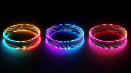 Poster - Glitch circles set isolated on black background. Vector realistic illustration of distorted neon color light effect, retro futuristic digital design element, broken signal noise, video screen defect