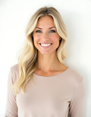 Aufkleber - A smiling blonde woman with a beautiful face stands alone against a plain white background in a simple composition._00001_