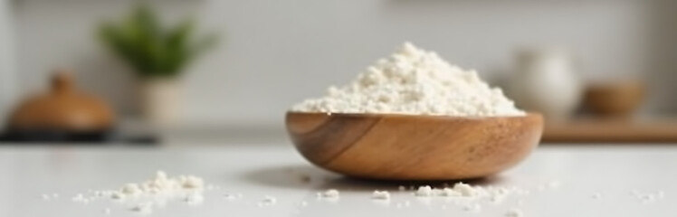Aufkleber - A rustic wooden bowl contains white flour against a clean and simple kitchen background with minimal decor nearby._00001_