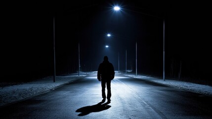 Poster - A solitary person walks along an unoccupied street at night, with streetlights casting long shadows, creating a sense of isolation. Generative AI