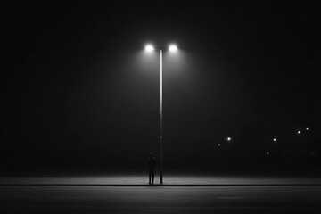 Aufkleber - A lone person stands on a deserted street illuminated by streetlights, surrounded by darkness and space for words above. Generative AI