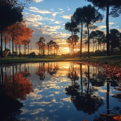 Wall Mural - A serene sunset landscape reflecting on calm waters, surrounded by trees and autumn foliage.