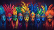 © Thiago - A vibrant row of colorful carnival masks with feathered headdresses, showcasing a rich blend of hues and creative designs. Carnival. Illustration