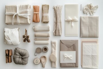 Poster - A flat lay displays a variety of gift wrapping supplies including paper, ribbons, and cards, with ample space for personal messages. Generative AI