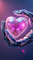 Poster - in a futuristic environment, robotic hands carefully cradle a vibrant digital heart, blending techno