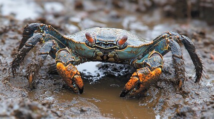 Poster - Brightly colored Sally lightfoot crab navigates through muddy shores, showcasing its vibrant hues against the backdrop of the stunning Galapagos Islands during the golden hour