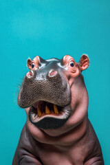 surprised and angry hippopotamus isolated on a turquoise background, eyes wide open and mouth slight