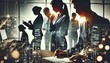 © arisgallery - Silhouette of business people work together in office. Concept of teamwork and partnership. double exposure with light effects