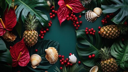 Wall Mural - Tropical arrangement with pineapples, shells, and red foliage on green backdrop during daylight