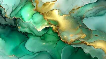 Poster - Discover the captivating beauty of fluid art in vibrant greens and golds, showcasing an enchanting abstract design. Generative AI
