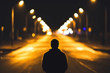 Poster - A lone person stands on a deserted street at night, illuminated by streetlights that cast long shadows, leaving a dark space above for text. Generative AI