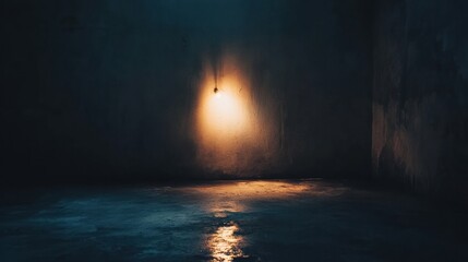 Leinwandbilder - A solitary light bulb hangs in a dark, abandoned room, casting a warm glow on the damp floor, emphasizing emptiness and isolation. Generative AI