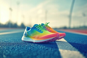 Poster - A pair of colorful running shoes rests on a bright track under a clear sky, inviting runners to enjoy an energetic workout session. Generative AI