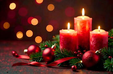 Wall Mural - candles and christmas ornaments on red bokeh background. copy space on the left.
