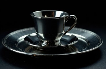 Aufkleber - Chrome-plated tableware set on a glossy black surface, with subtle reflections and dramatic spotlighting creating a bold contrast.