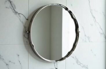 Aufkleber - Chrome-framed mirror with wavy edges reflecting soft hidden lighting.
