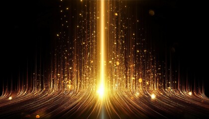 a golden line light with glitter glow abstract effect a golden vertical flare with neon beam sparkle and particle burst background laser string on black background shiny fiber data banner with