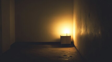 Leinwandbilder - A small light source brightens a dark, empty room, highlighting the sense of isolation and providing blank space for textual elements. Generative AI