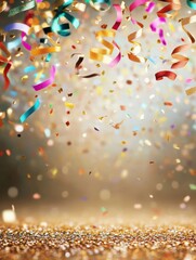 Poster - Colorful confetti and ribbons fall over a shimmering gold backdrop, setting a vibrant atmosphere for New Year celebrations. Generative AI