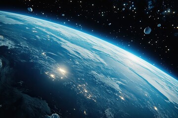 Wall Mural - Blue Earth and asteroids in space. View of planet Earth from space