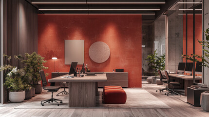 Aufkleber - An elegant office boasts rich mocha mousse walls and contemporary furnishings. Lush plants enhance the atmosphere, creating a calming yet inspiring workspace, ideal for creativity