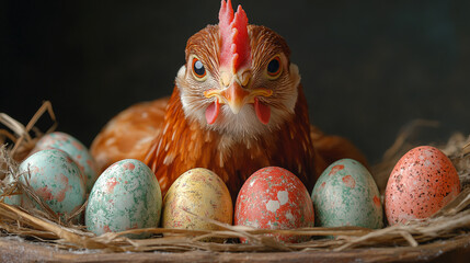 Wall Mural - Easter scene with a chicken and painted eggs, close-up